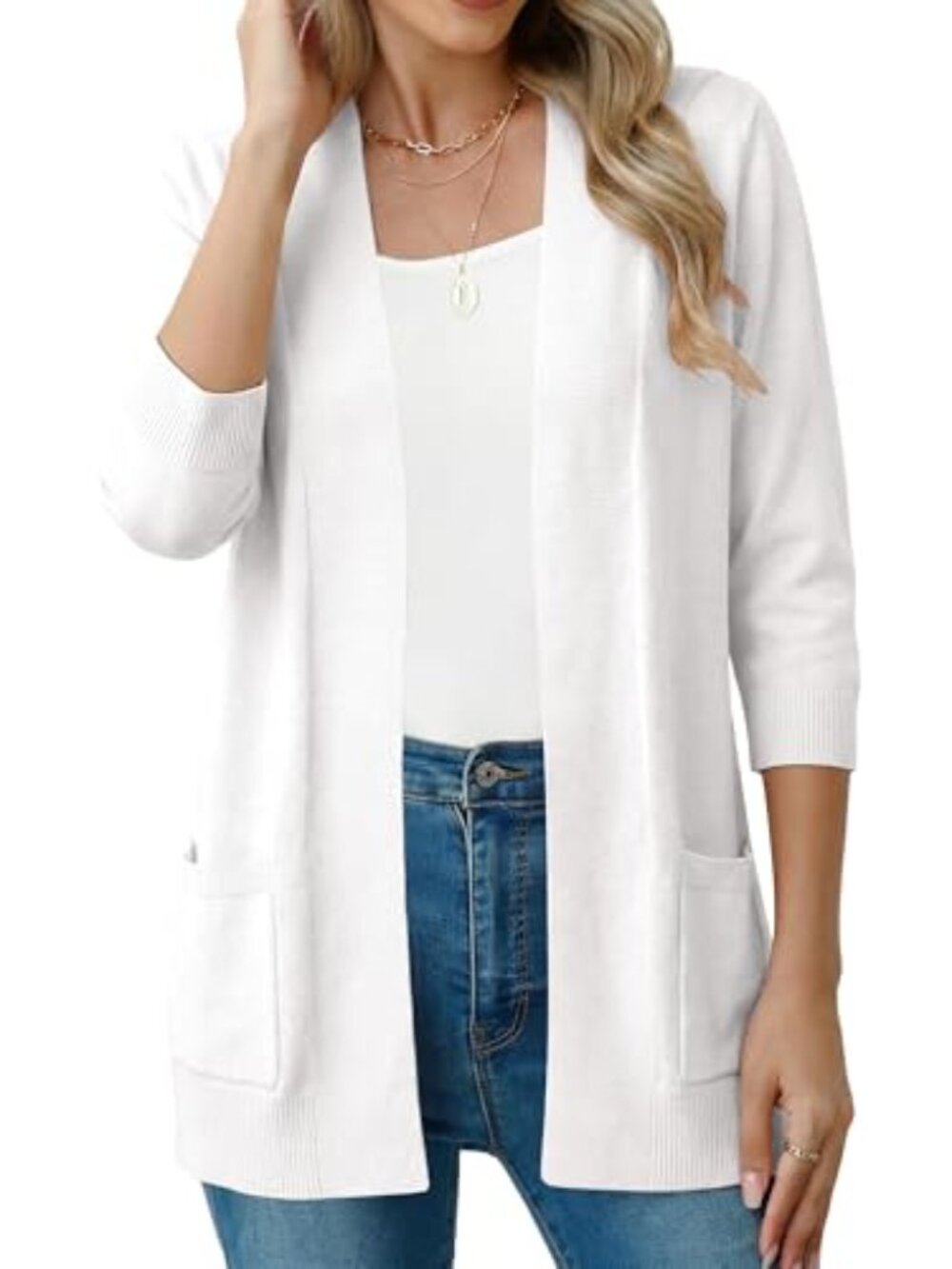 Lightweight Open Front Cardigan with Pockets, V-Neck, 3/4 Sleeve, Knit - Picture 2 of 5